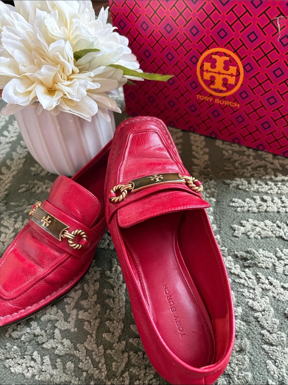 Tory Burch Red Leather Slip-On Loafers with Gold Logo Hardware